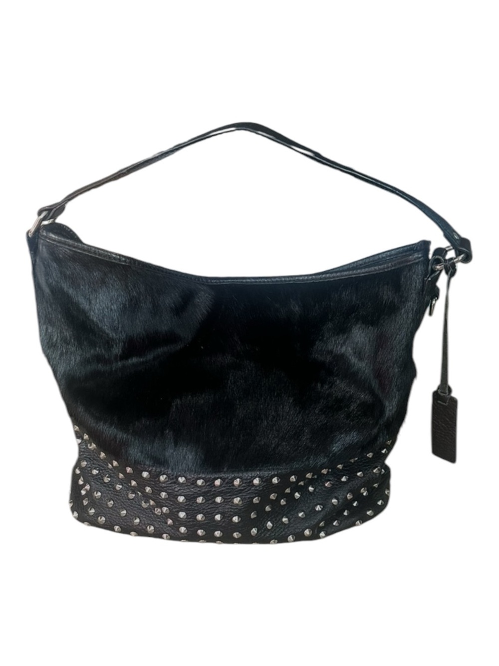 Aqua Madonna Calf Hair Stud Detail Black Leather Hobo Bag Purse - Picture 2 of 10